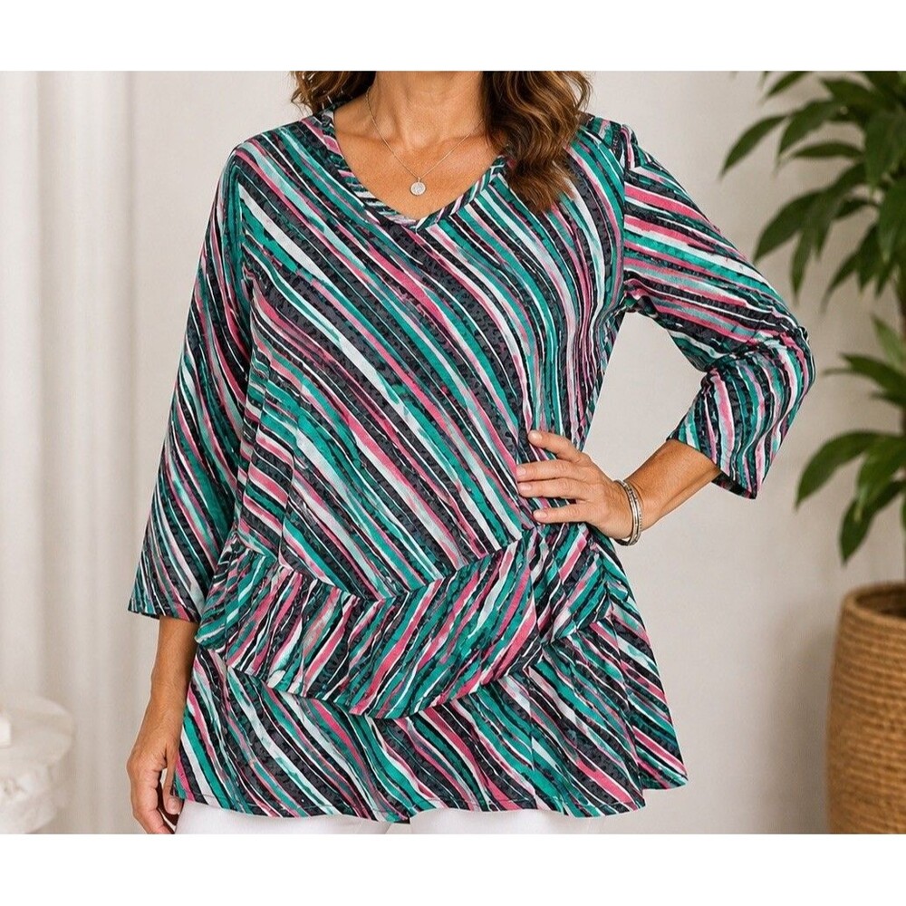 Catherine's Blouse Top Women's 5X Lagenlook Artsy Multicolor Stripe 3/4 Sleeve D